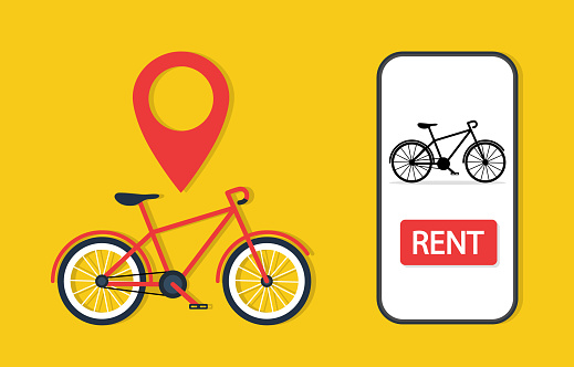 Bike rent. Share bicycle. Smart rental of transport in app. Parking station and hire of bicycle. Banner for sharing, delivery and hiring. Application for eco transportation. Vector.
