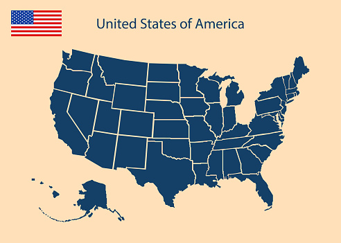 Usa map. Silhouette of united states of america. Simple continent of us. Flat american map with california, hawaii, texas, washington, florida, michigan and other state. Vector.