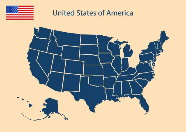 Vector illustration of Usa map. Silhouette of united states of america. Simple continent of us. Flat american map with california, hawaii, texas, washington, florida, michigan and other state. Vector