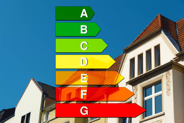 A house and the efficiency class as a colour scale stock photo