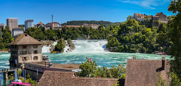 Panoramic view over the Worth Castle to the Rhine Falls near Schaffhausen, Switzerland