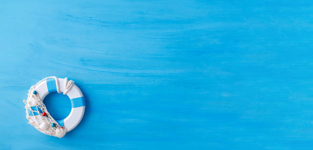 Marine blue background with seashells and starfish