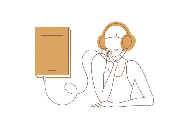 Simple trendy linear style vector illustration of audio book with young woman in headphones listening audiobook Audio book vector illustration. Female character in headphones listening to audiobook. Big book and minimalist portrait of smiling beautiful woman. Online library, podcast. Simple trendy linear style audio book stock illustrations