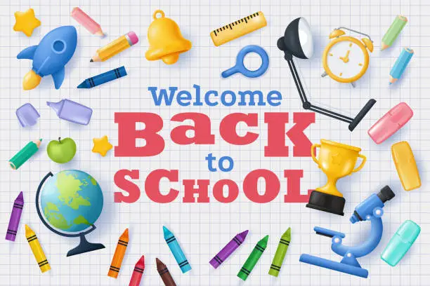 Vector illustration of Back to School banner. Vector illustration in 3D style