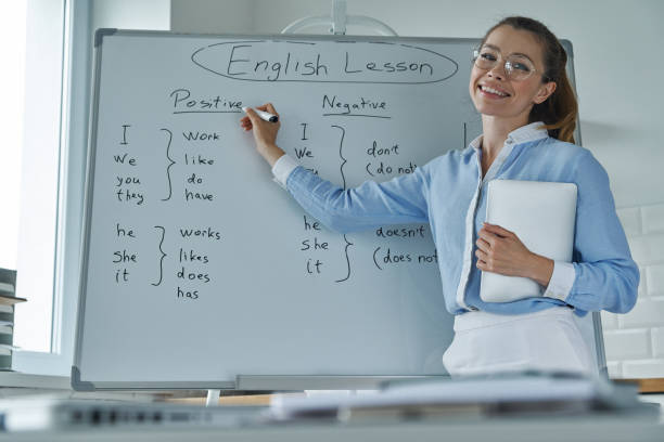 istock Happy young woman pointing whiteboard while standing at the classroom 1409893820