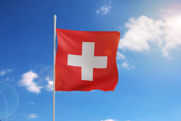 istock Flag of Switzerland on blue sky. 3d illustration. 1409893989