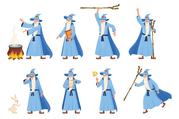 Medieval wizard. Cute sorcerer, cartoon magician man costumed merlin magic character magical alchemy fairy hat mage funny whizard wise druid mascot, neoteric vector illustration Medieval wizard. Cute sorcerer, cartoon magician man costumed merlin magic character magical alchemy fairy hat mage funny whizard wise druid mascot, vector illustration of magic sorcerer character falco columbarius stock illustrations