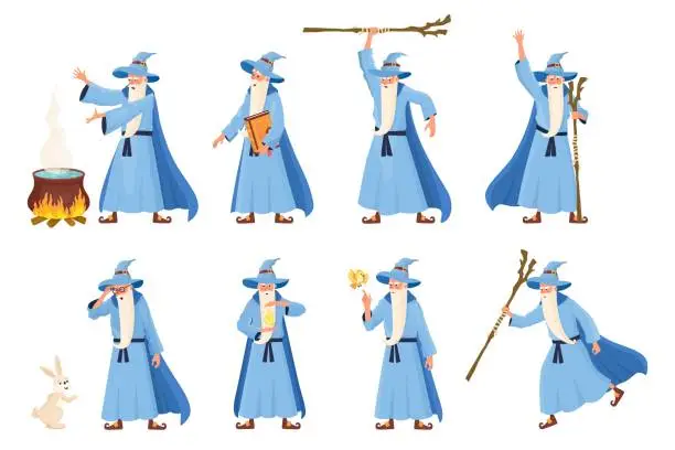 Vector illustration of Medieval wizard. Cute sorcerer, cartoon magician man costumed merlin magic character magical alchemy fairy hat mage funny whizard wise druid mascot, neoteric vector illustration