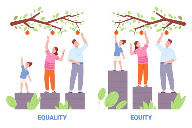 平等と公平性。平等な人権社会正義の概念、異なる人々が果樹を選び、支持イコライザーそれぞれの公共の人種的性別支持ベクトルイラスト - ファイナンス点のイラスト素材／クリップアート素材／マンガ素材／アイコン素材