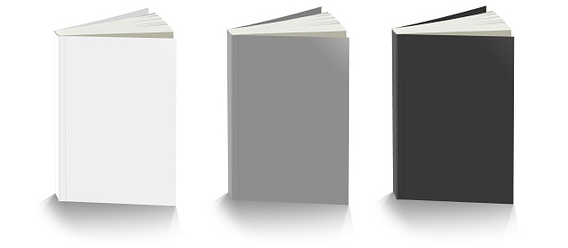 Three paperback books blank template white, grey and black for presentation layouts and design. 3D rendering. Digitally Generated Image. Isolated on white background.