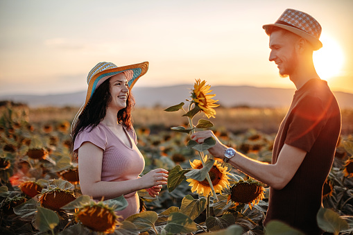 Two people enjoying sunset together in sunflower field