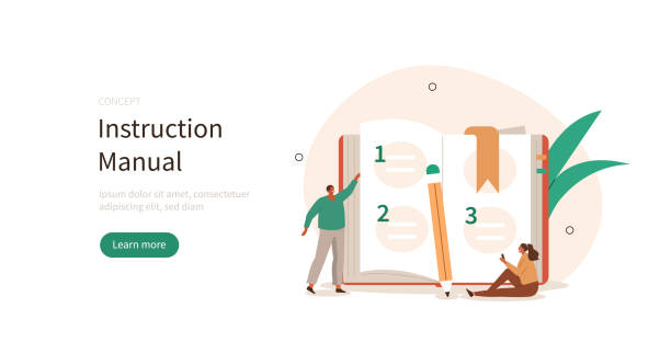 instruction manual Instruction manual. People characters reading and writing privacy policy and terms and conditions for guide, manual book or other user documentation. Vector illustration. guidebook stock illustrations