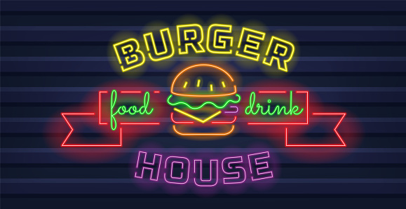 Burger cafe neon sign. Glowing tasty big burger on dark wall. Vector illustration in neon style for fast food restaurant or snack bar.