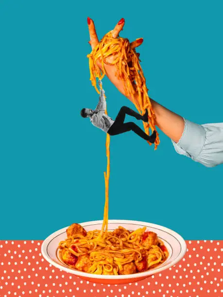 Photo of Contemporary art collage. Creative design. Funny image of man climbing up the delicious cheese pasta