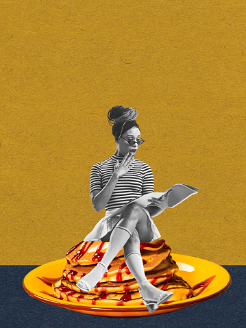 Contemporary art collage. Creative design. Stylish woman sitting on delicious pancakes and reading excited news. Concept of fashion, creativity, pop art, food, retro style. Copy space for ad