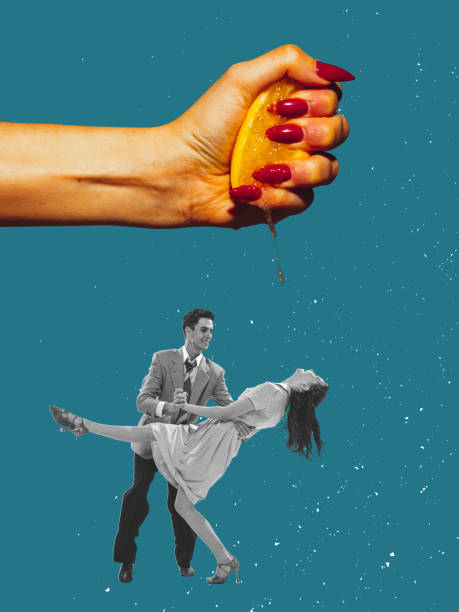 Contemporary art collage. Creative design. Beautiful young couple dancing under squeezing lemon isolated on blue background. Romantic date Contemporary art collage. Creative design. Beautiful young couple dancing under squeezing lemon isolated on blue background. Romantic date. Concept of creativity, pop art, food. Copy space for ad unusual couple stock pictures, royalty-free photos & images
