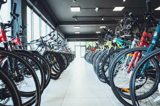 Photo of View of front wheels and tires in a Bike Shop