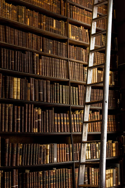 Library shelves stacked high with old bound books in the Long Room at Trinity College Dublin Over 200,000 books are kept in the Long Room which is the old library of Trinity College Dublin including the Book of Kells. It has been a working library since 1732. This is a view of some of them lit by natural light. trinity college library stock pictures, royalty-free photos & images