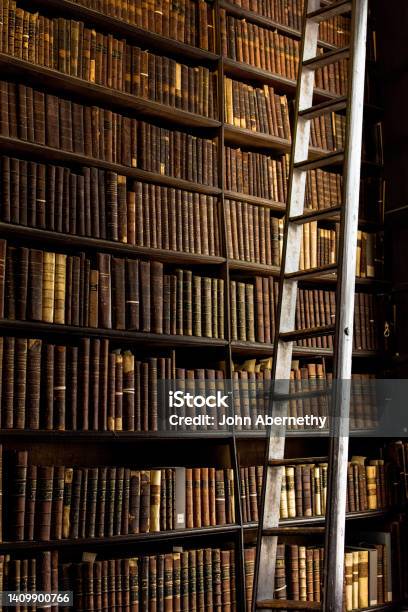Library Shelves Stacked High With Old Bound Books In The Long Room At Trinity College Dublin Stock Photo - Download Image Now