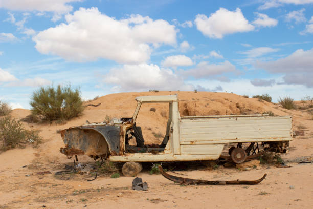 istock Rusty old wreck abandoned car in desert 1409905183