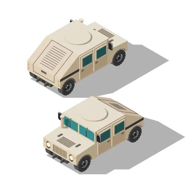 Vector illustration of Isometric 3D Transport Recreational Vehicle Military Hammer Car Machine War, Battle City Element Vector Design Satyle