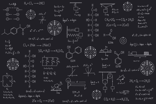 Calculus equations, algebra, organic chemistry, chemical reactions, chemical elements, physics, rectilinear motion, statics, electromagnetism, friction force, energy, with black chalkboard background Calculus equations, algebra, organic chemistry, chemical reactions, chemical elements, physics, rectilinear motion, statics, electromagnetism, friction force, energy, with black chalkboard background queens college stock illustrations