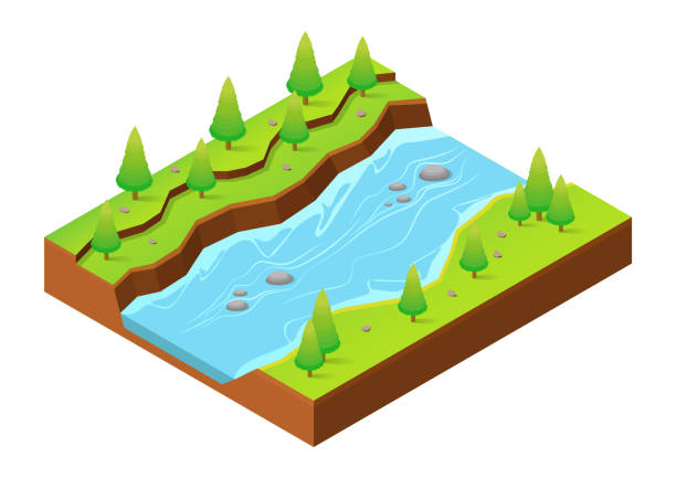 isometric river with trees isometric river with trees on side riverbank stock illustrations