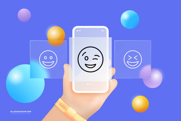 istock Smiling emoticons set icon. Smile, laugh, wink, happy, funny, cheerful, express emotions, emoji. Online communication concept. Glassmorphism. UI phone app screens. Vector line icon for Business 1409911274