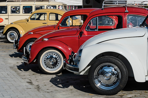 Praia Grande, São Paulo - Brazil - July 25, 2021: Several Beetles lined up at the vintage car show.