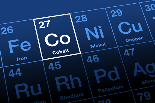 Cobalt on periodic table of the elements. Ferromagnetic transition metal, with the element symbol Co, and with the atomic number 27. Primarily used in rechargeable batteries. Illustration. Vector