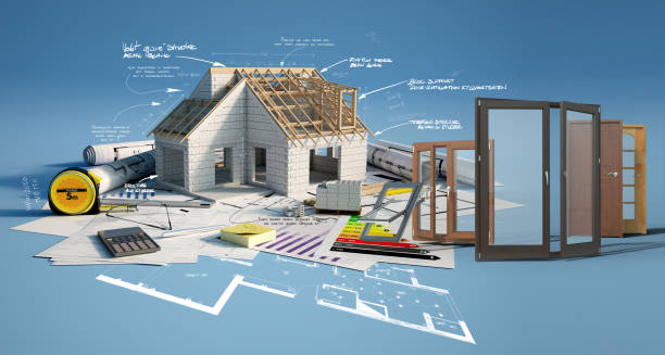 House construction, effective insulation 3D rendering of a house under construction on top of blueprints, with doors and windows selection and an energy efficiency chart. The handwriting is dummy text for illustration purpose metaphoral stock pictures, royalty-free photos & images