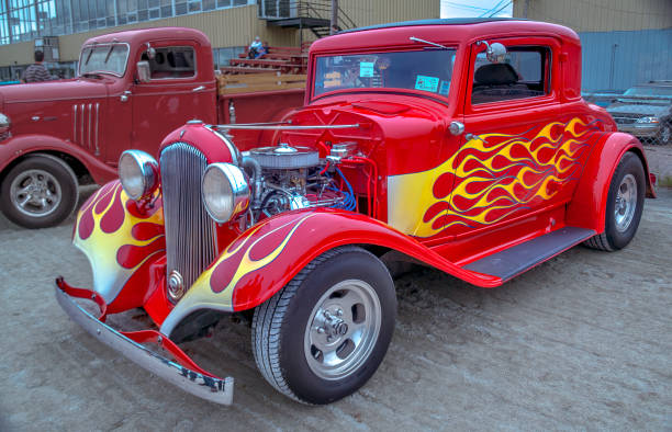 Truro, Nova Scotia, Canada - June 5, 2010 : 1932 Plymouth 3 window hot rod coupe on display at a local car show, Truro, NS, Canada