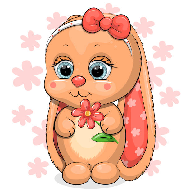ilustraciones, imágenes clip art, dibujos animados e iconos de stock de un lindo conejo de dibujos animados con orejas largas sostiene una flor. - rabbit baby rabbit hare standing