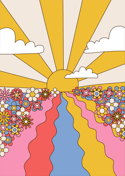 夕日、空、花畑のあるサイケデリックアートランドスケープ、雲、波、太陽光線の1960年代のヒッピーイラスト。ベクターの手描きの背景。 - rainbow multi colored sun sunlight点のイラスト素材／クリップアート素材／マンガ素材／アイコン素材