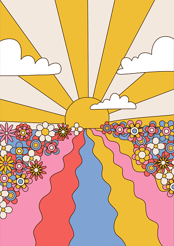 Psychedelic Art Landscape with sunset, sky and flower field, 1960s Hippie Illustrations with Clouds, Waves and Sun Rays. Vector hand drawn background
