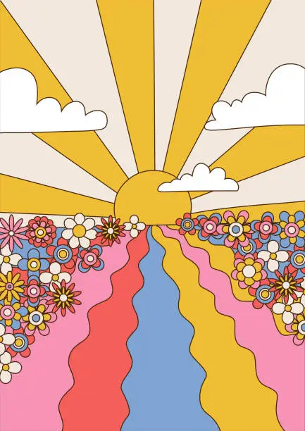 Vector illustration of Psychedelic Art Landscape with sunset, sky and flower field, 1960s Hippie Illustrations with Clouds, Waves and Sun Rays. Vector hand drawn background.