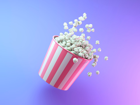 Popcorn in red white striped bucket illuminated by neon violet light. 3d illustration
