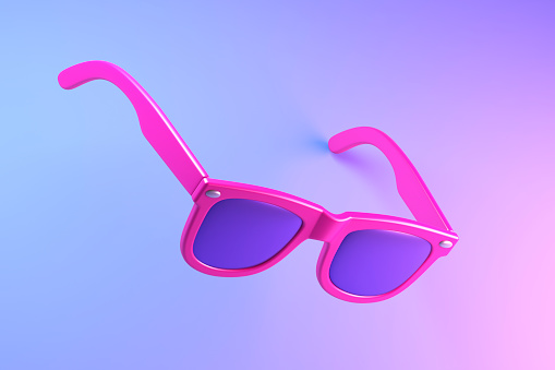 Red sunglasses illuminated by neon violet light. 3d illustration