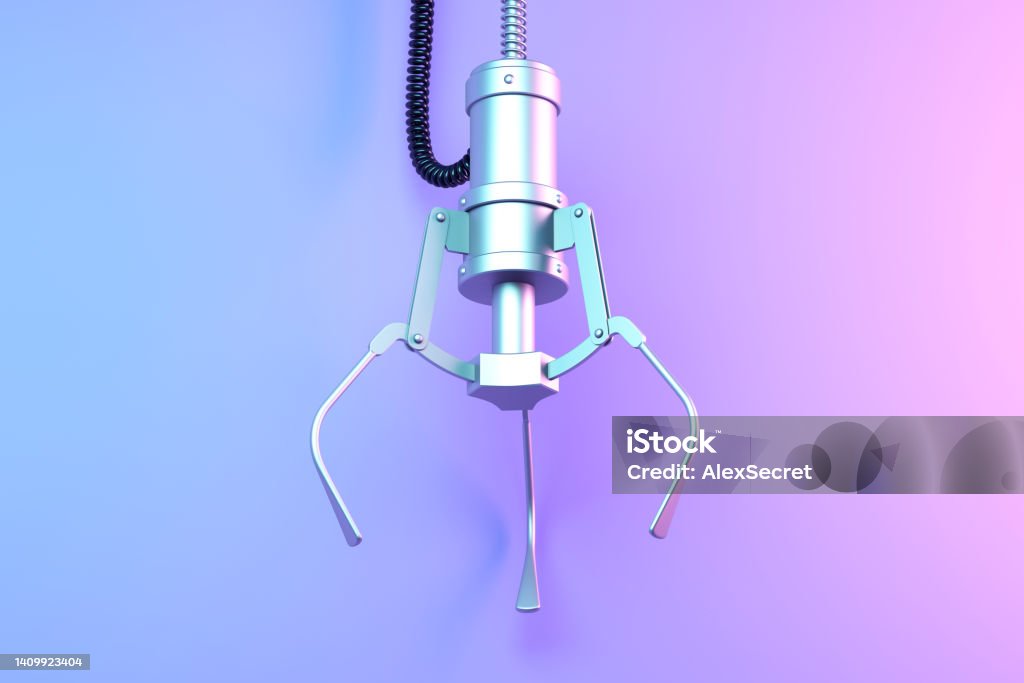 Robotic claw Robotic claw illuminated by neon violet light. 3d illustration Toy Grabbing Game Stock Photo
