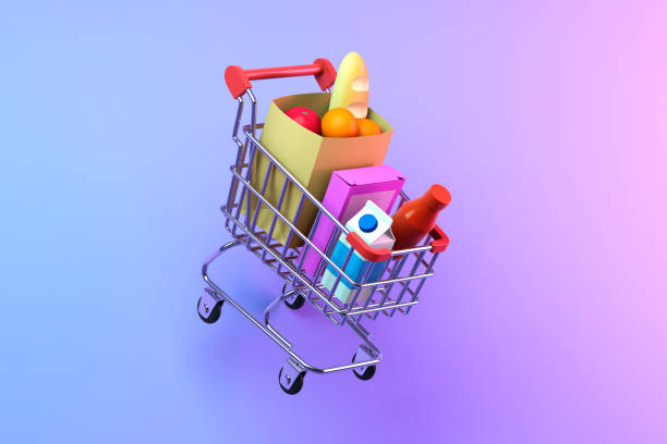 istock Shopping cart with different food products 1409923436