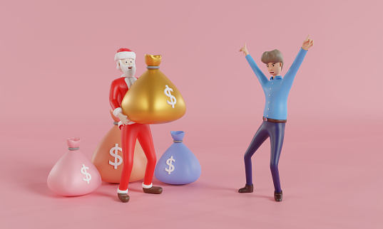 Santa Claus gives a bag of money to a businessman, Financial concept, money saving, 3d render illustration.