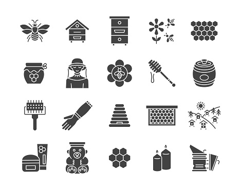 Beekeeping glyth icon set. Collection sign with bee, hive, honey, beekeeper,equipment, apiary. Vector illustration.