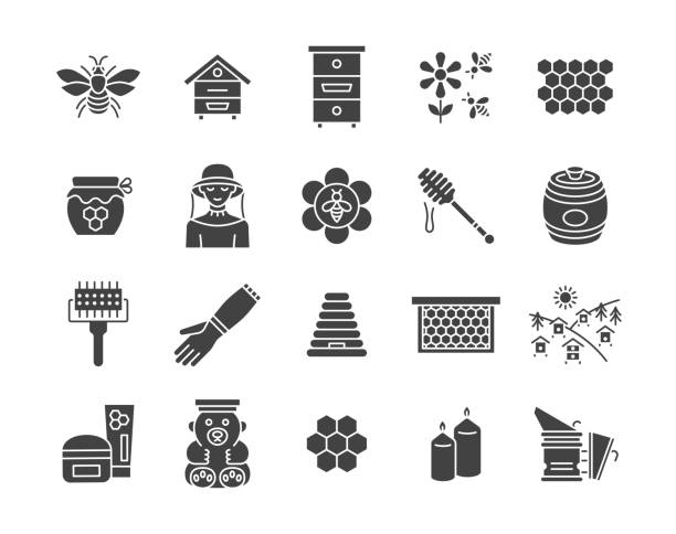 Beekeeping glyth icon set. Collection sign with bee, hive, honey, beekeeper,equipment, apiary. Beekeeping glyth icon set. Collection sign with bee, hive, honey, beekeeper,equipment, apiary. Vector illustration. beehive hairstyle stock illustrations