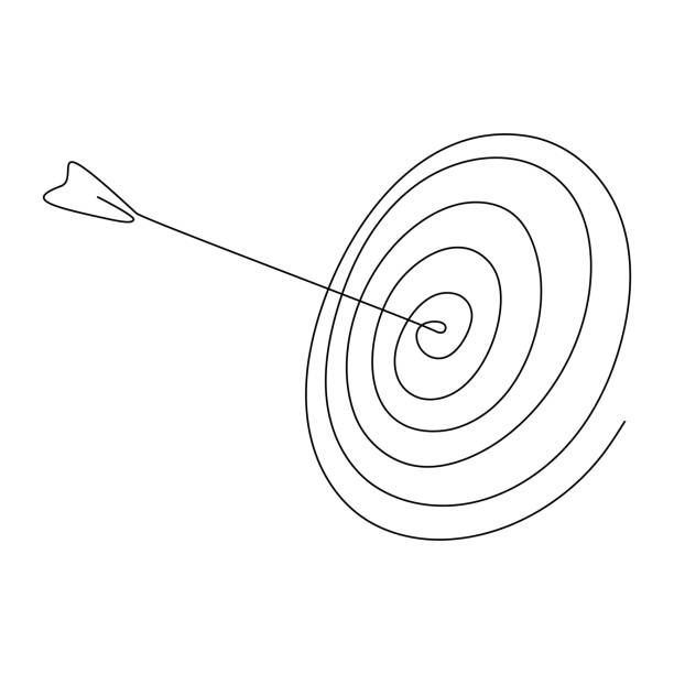 ilustraciones, imágenes clip art, dibujos animados e iconos de stock de objetivo con flecha de dibujo de línea continua. - dartboard darts arrow sign target