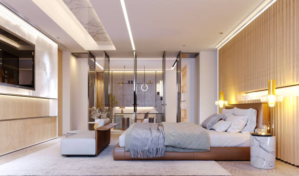 istock 3d rendering,3d illustration, Interior Scene and  Mockup,interior render bedroom modern style,decorate the headboard. 1409928627