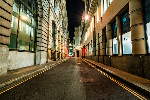 Street scene in City of London at night