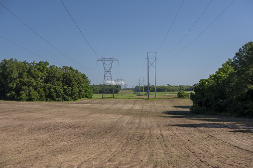 Tall metal pylons extending into the distant horizon, over rolling hills in rural Madison county, Florida. Nikon D750 with Nikon24-70mm ED VR lens