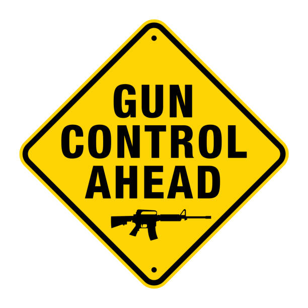 żółta kontrola pistoletu z przodu z ilustracją znaku karabinu szturmowego - gun control gun crime vector stock illustrations