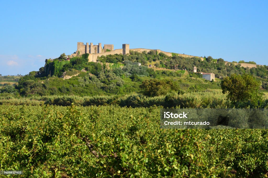 Walled town of Óbidos seen from the surrounding orchards, Leiria, Portugal Obidos, Leiria district, Portugal: medieval walled city built on a elevated escarpment, the walls are walkable and still fully surround the town. Obidos Stock Photo