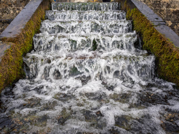 water forming bubbles that runs down from one step to the other. Near Crozon, Morgat and Camaret-sur-Mer, Brittany, France
